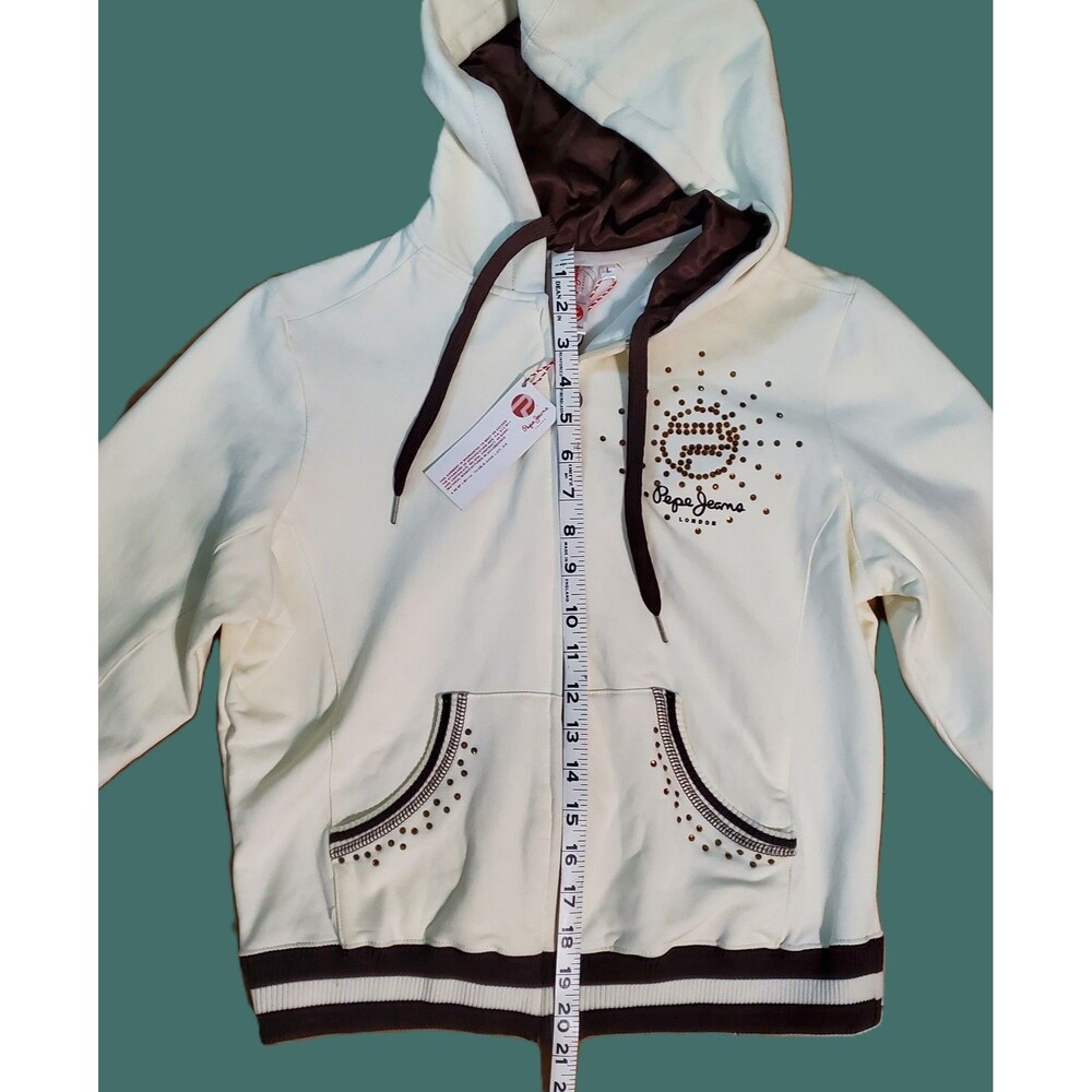NWT Vintage Pepe Jeans London Y2K Rhinestone Cream and Brown Hoodie - Picture 7 of 8